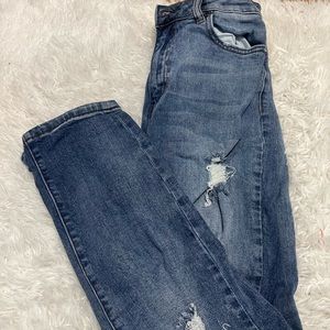 Dark blue distressed mom jeans